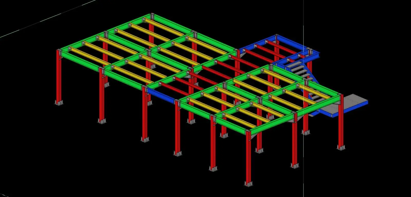 Colour-coded 3D model of a steel mezzanine: columns, main and secondary beams.